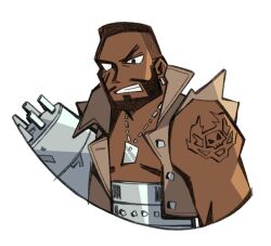 1boy barret_wallace beard black_hair brown_vest clenched_teeth cropped_torso cropped_vest dark-skinned_male dark_skin dog_tags earrings facial_hair facial_scar final_fantasy final_fantasy_vii furrowed_brow gun jewelry male_focus pectorals prosthetic_weapon scar scar_on_cheek scar_on_face short_hair shoulder_tattoo single_earring skull_tattoo solo starrymarii tattoo teeth torn_clothes torn_sleeves upper_body very_short_hair vest weapon white_background