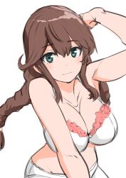 Rule 34 | 1girl, 30-06, arm behind head, arm support, blush, bra, braid, breasts, brown hair, closed mouth, frilled bra, frills, green eyes, hair between eyes, highres, kantai collection, large breasts, long hair, looking at viewer, low twin braids, noshiro (kancolle), swept bangs, twin braids, underwear, white bra