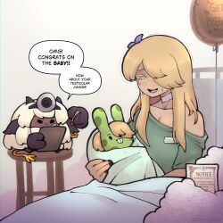Rule 34 | 1boy, baby, balloon, bar stool, bed, blonde hair, buck teeth, choker, clipboard, commentary, crayon, demon girl, demon horns, demon tail, doctor, english commentary, english text, flower, hair flower, hair ornament, hair over one eye, highres, holding, holding clipboard, horns, hospital bed, hospital gown, long hair, lucien (basedbinkie), male pregnancy, malice (warhammer), notice, original, single bare shoulder, sitting, speech bubble, stool, sweat, sweatdrop, tail, teeth, tempura person, twitter username, warhammer 40k, white choker, yellow eyes