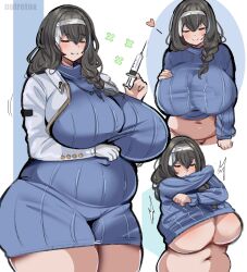 1girl arm_under_breasts artist_name black_hair blue_sweater blush bottomless braid breasts closed_eyes clothes_lift cropped_jacket dress goddess_of_victory:_nikke hair_ornament hair_over_shoulder hairband heart huge_breasts jacket long_hair mary_(nikke) multiple_views navel noiretox open_clothes open_jacket ribbed_sweater shirt_lift single_braid smile solo standing sweater sweater_dress syringe underboob undressing white_background white_hairband white_jacket