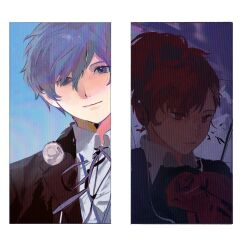 1boy 1girl achai_dong black_jacket blue_eyes blue_hair brown_eyes brown_hair closed_mouth collared_shirt headphones highres jacket looking_at_viewer medium_hair open_clothes open_jacket persona persona_3 ponytail shiomi_kotone shirt short_hair smile upper_body white_shirt yuuki_makoto_(persona_3)