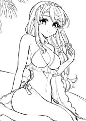 Rule 34 | 1girl, asymmetrical bangs, casual one-piece swimsuit, commentary request, flower, food, frilled one-piece swimsuit, frills, hair flower, hair ornament, hairband, highres, kantai collection, lineart, long hair, monochrome, nagi kantai114, official alternate costume, one-piece swimsuit, popsicle, sagiri (kancolle), sagiri (swimsuit) (kancolle), shawl, side-tie swimsuit, sitting, smile, solo, swept bangs, swimsuit, wariza, white shawl