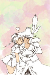 1boy 1girl arc_system_works battle_fantasia belt closed_eyes coat couple feathers freed_velez gloves grabbing_another&#039;s_chin hand_on_another&#039;s_chin hat heart hetero imminent_kiss kiss lowres monochrome olivia_von_roselia pirate pirate_hat princess short_hair sketch smile standing thighhighs trench_coat zettai_ryouiki