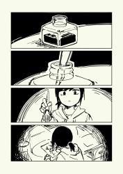 1girl 4koma black_eyes black_hair comic desk drawer drawing expressionless female_focus greyscale highres holding holding_pen hood hoodie ink inkwell monochrome nib_pen_(object) no_nose original paper pas_(paxiti) pen ponytail short_hair solo