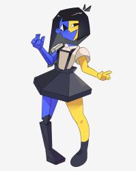 black_hair blue_skin colored_skin ena_(ena) ena_(series) floating_head geometry highres june_buns math multicolored_skin two-tone_skin vertical-striped_bodysuit white_background yellow_skin