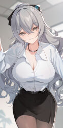 1girl absurdres belt bison_cangshu black_belt black_bow black_pantyhose black_skirt blurry blurry_background bow breasts bronya_zaychik bronya_zaychik_(silverwing:_n-ex) cleavage collarbone collared_shirt commentary_request cowboy_shot grey_eyes grey_hair hair_between_eyes hair_bow highres honkai_(series) honkai_impact_3rd indoors large_breasts long_hair looking_at_viewer no_jacket office office_lady official_alternate_costume pantyhose parted_lips pink_pupils shirt skirt smile solo very_long_hair white_shirt