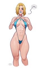 Rule 34 | 1girl, abs, artist name, biting own lip, blonde hair, blue eyes, blue lips, blue nails, blue slingshot swimsuit, breasts, breasts apart, collarbone, cropped legs, diamond (gemstone), emma frost, english text, fingernails, highres, large breasts, long fingernails, looking at viewer, marvel, navel, olena minko, parted lips, patreon username, short hair, simple background, slingshot swimsuit, solo, speech bubble, swimsuit, toned, toned female, watermark, web address, white background, wide hips, x-men