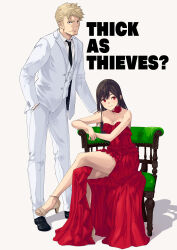 1boy 1girl bare_shoulders black_necktie black_shoes blonde_hair breasts brown_hair chair choker cleavage dress english_text formal_clothes hand_in_pocket high_heels highres hiwatari_rin necktie original red_choker red_dress red_eyes shadow shoes short_hair sideburns sitting small_breasts standing suit white_background white_suit