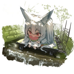 1girl absurdres animal_ear_fluff animal_ears barefoot chibi commentary_request day dress eating food fox_ears fox_girl fox_tail fruit grey_hair hair_between_eyes highres holding holding_food long_hair original red_eyes short_sleeves sitting solo tail twintails very_long_hair water waterfall watermelon watermelon_slice white_dress yuuji_(yukimimi)