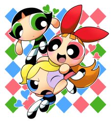 3girls absurdres argyle_background argyle_clothes black_hair blonde_hair blossom_(ppg) blue_eyes bow bubbles_(ppg) buttercup_(ppg) cartoon_network child closed_mouth commentary commentary_request diamond_(shape) dress green_eyes hair_bow heart highres long_hair multiple_girls one_eye_closed open_mouth orange_hair pink_eyes pink_heart powerpuff_girls shoes short_hair simple_background smile twintails