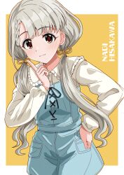 1girl braid brown_eyes character_name closed_mouth frilled_shirt_collar frills grey_hair hair_ribbon highres hisakawa_nagi idolmaster idolmaster_cinderella_girls illustscody long_hair long_sleeves low_twintails ribbon shirt solo twintails