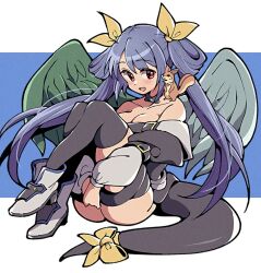 1girl ass asymmetrical_wings bare_shoulders blue_hair blush breasts cleavage detached_sleeves dizzy_(guilty_gear) guilty_gear guilty_gear_x guilty_gear_xx hair_ribbon itsuka_neru long_hair looking_at_viewer red_eyes ribbon sitting solo tail tail_ornament tail_ribbon thick_thighs thighhighs thighs twintails wings yellow_ribbon