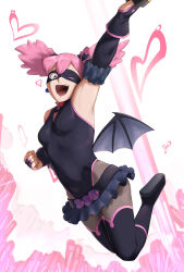 1girl ;d absurdres ai-assisted arm_up armpits black_boots black_leotard black_skirt black_thighhighs boku_no_hero_academia boots breasts clenched_hand detached_sleeves eye_mask grey_pantyhose haneyama_kazuho heart highres leotard miniskirt one_eye_closed open_mouth pantyhose pink_eyes pink_hair piyo_(tzdn7222) romeboom skirt small_breasts smile solo thighhighs twintails vigilante_-boku_no_hero_academia:_illegals-