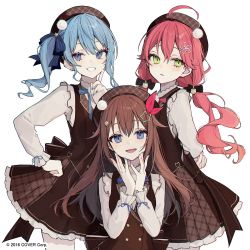 2016 3girls ahoge akakura arms_behind_back blue_eyes blue_hair brown_hair closed_mouth company_name copyright_notice dress finger_to_cheek frills green_eyes hand_on_own_hip hand_up hands_up hat hololive hoshimachi_suisei looking_at_viewer multiple_girls official_art open_mouth red_hair sakura_miko side_ponytail simple_background smile tokino_sora virtual_youtuber white_background