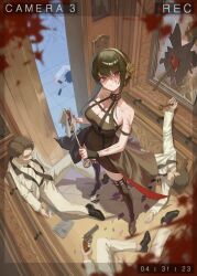 1girl 4boys absurdres axe black_dress black_hair black_thighhighs blood blurry breasts broken_mirror centauri_(saa98) corpse death depth_of_field dress elevator gold_hairband gun hairband handgun highres large_breasts looking_at_viewer mirror multiple_boys recording red_eyes revolver security_camera solo_focus spy_x_family standing thighhighs weapon wiping_blood yor_briar