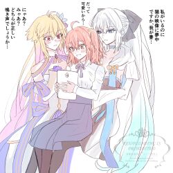 3girls archetype_earth arcueid_brunestud black_bow blonde_hair blue_eyes blush bow chiakicat1294 dress fate/grand_order fate_(series) fujimaru_ritsuka_(female) hair_between_eyes hair_bow highres long_hair long_sleeves morgan_le_fay_(fate) multiple_girls orange_eyes orange_hair ponytail red_eyes short_hair simple_background smile very_long_hair white_hair wide_sleeves