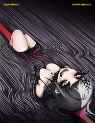 Rule 34 | 1girl, absurdres, album cover redraw, bare shoulders, black bra, black choker, black hair, bra, breasts, character name, choker, cleavage, collarbone, commentary, derivative work, ear piercing, fangs, grey hair, hair ornament, highres, hololive, hololive english, knees up, looking at viewer, makeup, mascara, medium breasts, medium hair, mikuneki, multicolored hair, open mouth, parody, piercing, runny makeup, shiori novella, smile, solo, split-color hair, swept bangs, tame impala, thick eyelashes, two-tone hair, underwear, virtual youtuber, yellow eyes
