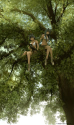 2girls animal_ears artist_name assault_rifle bikini black_hair cat_ears commentary dated dead-robot gun holding holding_gun holding_weapon long_hair military mixed-language_commentary multiple_girls original outdoors rifle scenery shoes short_hair shorts sitting sneakers swimsuit tree twitter_username watermark weapon white_bikini white_footwear