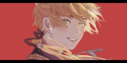 1boy absurdres aji_11300913 black_border blonde_hair blush border commentary_request earrings genshin_impact green_eyes highres jewelry long_hair looking_at_viewer male_focus parted_lips partial_commentary portrait red_background smile solo sparkle stud_earrings teeth thoma_(genshin_impact)