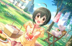 1girl ahoge basket bell black_hair blush building chair clothesline cloud cup disposable_cup drinking_straw fence food game_cg grass hair_intakes holding idolmaster idolmaster_cinderella_girls idolmaster_cinderella_girls_starlight_stage jewelry kohinata_miho necklace official_art open_mouth picnic plate reaching reaching_towards_viewer sandwich skirt solo stuffed_animal stuffed_toy teddy_bear toes tree window yellow_eyes