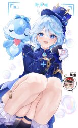 2girls :d ahoge asymmetrical_gloves battery_indicator black_gloves black_shorts blue_eyes blue_hair blue_hat blue_shirt blush bubble charlotte_(genshin_impact) chonako commentary_request double-parted_bangs feet_out_of_frame frilled_socks frills furina_(genshin_impact) genshin_impact gloves hair_between_eyes hat heart heart_hands highres long_sleeves looking_at_viewer medium_hair mismatched_pupils multicolored_hair multiple_girls open_mouth shirt shorts simple_background smile socks solo_focus sparkle speech_bubble spoken_character streaked_hair surintendante_chevalmarin teeth thigh_strap tilted_headwear upper_teeth_only viewfinder vision_(genshin_impact) white_background white_gloves