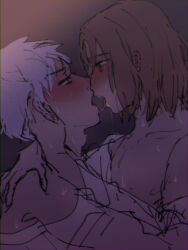 2boys arm_around_neck armpit_peek axis_powers_hetalia blush brown_background brown_hair collarbone curtained_hair dark drooling french_kiss furrowed_brow gakuenlove gradient_background green_eyes hand_on_another&#039;s_shoulder hand_on_own_cheek hand_on_own_face highres kiss lithuania_(hetalia) looking_at_another male_focus medium_hair multiple_boys nose_blush parted_bangs pectorals prussia_(hetalia) saliva saliva_trail sanpaku shade shirt shirt_down short_hair sketch sweat upper_body v-shaped_eyebrows white_hair white_shirt yaoi