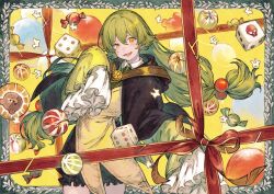 Rule 34 | 1girl, abstract background, border, candy, dice, eye print, facial mark, food, gift wrapping, green hair, grin, hair between eyes, hair ornament, hood, kufufu kekerakera, long hair, long sleeves, looking at viewer, maeka (kumaekake), official art, open mouth, orange eyes, ribbon, shy (series), sleeves past fingers, sleeves past wrists, smile, solo, twintails