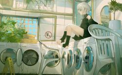 1girl anli_(jwcpp4sum0mgk5r) bang_dream! bang_dream!_it&#039;s_mygo!!!!! black_jacket black_shirt black_shoes black_shorts blue_eyes blush chair chinese_commentary closed_mouth commentary_request highres indoors jacket kaname_raana plant potted_plant shirt shoes short_hair shorts sign sitting sleeveless sleeveless_shirt solo stirrup_legwear toeless_legwear warning_sign washing_machine white_hair window