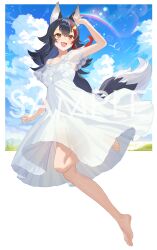 1girl :d absurdres animal_ears barefoot black_hair blue_sky cloud commentary_request copyright_notice crossed_bangs cumulonimbus_cloud day double-parted_bangs dress flipped_hair frilled_dress frills full_body hair_between_eyes hair_ornament hairclip highres hololive long_hair low-tied_long_hair multicolored_hair off-shoulder_dress off_shoulder official_art ookami_mio open_mouth outdoors rainbow red_hair sample_watermark sidelocks sky smile solo spiked_hair streaked_hair teeth teffish upper_teeth_only very_long_hair virtual_youtuber watermark white_dress white_hair wolf_ears wolf_girl yellow_eyes