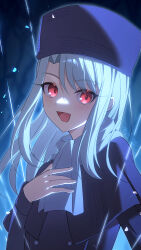 1girl backlighting commentary_request dark_background dress fate/stay_night fate_(series) glowing hand_on_own_chest hat highres illyasviel_von_einzbern long_hair open_mouth purple_dress purple_hat red_eyes scarf smile so_zei_tama_tama solo white_hair white_scarf