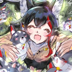 Rule 34 | :3, :d, absurdres, animal ear fluff, animal ears, black dress, black hair, black skirt, blush, blush stickers, closed eyes, commentary request, dappled sunlight, dress, facing viewer, from above, hair between eyes, hair ornament, highres, hololive, inoshika kaku, jacket, miofa (ookami mio), multicolored hair, ookami mio, open mouth, outdoors, signature, skirt, smile, streaked hair, sunlight, sweater jacket, virtual youtuber, wolf ears, wolf girl, x hair ornament
