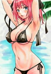1girl armpits arms_up atelierwill bikini black_bikini blue_eyes blush breasts butterfly_hair_ornament cleavage collarbone commentary go-toubun_no_hanayome hair_ornament highres large_breasts lips lowleg lowleg_bikini medium_hair nakano_nino navel parted_lips pink_hair side-tie_bikini_bottom solo string_bikini swimsuit upper_body
