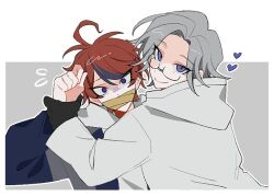 2boys ahoge aotsuki_eito bdsm black_hair blue_eyes bondage bound gag gagged glasses heart hood improvised_gag long_sleeves looking_at_viewer multicolored_hair multiple_boys parted_hair red_eyes red_hair simple_background smile sumino_takumi tape tape_gag the_hundred_line_-last_defense_academy- white_hair yaoi