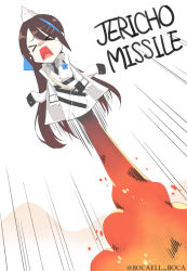 &gt;_&lt; 1girl ballistic_missile boca closed_eyes crying english_text female_focus girls&#039;_frontline human_weapon iron_man_(2008) iron_man_(series) jacket jacket_on_shoulders jericho_(girls&#039;_frontline) long_hair marvel marvel_cinematic_universe military military_uniform missile name_connection necktie open_mouth pun shockwave solo