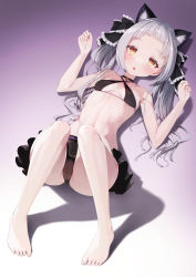 1girl absurdres alternate_costume alternate_hairstyle animal_ear_fluff animal_ears armpits ass bad_feet bikini black_bikini blush breasts cameltoe cat_ears choker collarbone commentary_request eyelashes forehead frilled_ribbon frilled_swimsuit frills from_above full_body gradient_background hair_ribbon halterneck hands_up highres hololive kage_(ka_9e_4su) legs looking_at_viewer lying murasaki_shion murasaki_shion_(hololive_summer_2019) navel on_back open_mouth purple_background pussy ribbon see-through_clothes shadow sidelocks silver_hair small_breasts solo stomach swimsuit thighs twintails virtual_youtuber white_background yellow_eyes