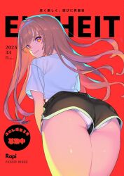 Rule 34 | 1girl, black shorts, brown hair, character name, closed mouth, commentary request, cowboy shot, goddess of victory: nikke, han111bin, highres, long hair, looking at viewer, looking back, panties, pantyshot, rapi (nikke), red background, red eyes, shirt, short sleeves, shorts, solo, sweat, thighs, translation request, underwear, white panties, white shirt