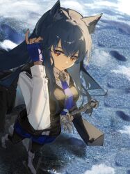 1girl animal_ear_fluff animal_ears arknights black_hair black_pantyhose blue_gloves blue_necktie city destruction giant giantess gloves highres holding holding_sword holding_weapon jacket long_hair looking_at_viewer necktie ningning_0721 pantyhose solo sword tail texas_(arknights) weapon wolf_ears wolf_girl wolf_tail