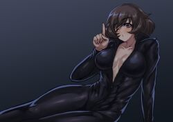 Rule 34 | 1girl, akiyama yukari, alternate costume, arm support, black bodysuit, bodysuit, bougainvillea (unnryuu), breasts, brown eyes, brown hair, center opening, cleavage, closed mouth, collarbone, collared bodysuit, commentary, feet out of frame, full-length zipper, girls und panzer, gradient background, grey background, hand up, highres, index finger raised, large breasts, long sleeves, looking at viewer, lying, on side, one eye closed, partially unzipped, short hair, solo, thick eyelashes, thighs, unkempt, zipper
