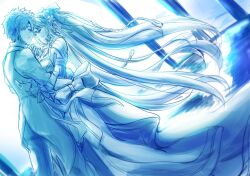 Rule 34 | 1boy, 1girl, bow, closed eyes, fate/grand order, fate (series), fujimaru ritsuka (male), hair between eyes, hair bow, highres, long hair, morgan le fay (fate), morgan le fay (water princess) (fate), ringozuki, short hair, smile