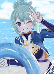 1girl aqua_hair bikini bikini_under_clothes blue_bikini blue_hair blue_innertube blue_jacket cloud cloudy_sky commentary cropped_jacket day earrings flower hair_flower hair_ornament highres itigo_gunu0202 jacket jewelry looking_at_viewer mahou_shoujo_madoka_magica miki_sayaka miki_sayaka_(surfer_ver.) ocean official_alternate_costume one_eye_closed outdoors sky smile solo swimsuit symbol-only_commentary