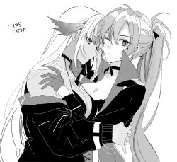 2girls amazuki_jou azur_lane breasts choker cleavage closed_mouth gloves greyscale hair_ornament hair_ribbon hand_on_another&#039;s_shoulder jean_bart_(azur_lane) large_breasts long_hair long_sleeves massachusetts_(azur_lane) monochrome multiple_girls off_shoulder one_eye_closed ponytail ribbon upper_body yuri