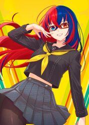 Rule 34 | 1girl, absurdres, alear (female) (fire emblem), black-framed eyewear, blue eyes, blue hair, breasts, crossed bangs, fire emblem, fire emblem engage, glasses, hair between eyes, heterochromia, highres, long hair, looking at viewer, medium breasts, multicolored hair, nintendo, pantyhose, persona, persona 4, pleated skirt, red eyes, red hair, sailor collar, school uniform, skirt, smile, solo, split-color hair, truejekart, two-tone hair, very long hair, yasogami school uniform, yellow background, yellow sailor collar