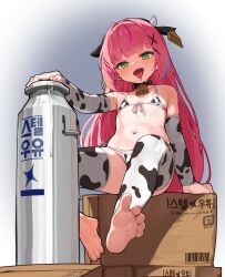 1girl absurdres ahegao animal_ears animal_print bare_shoulders barefoot bikini black_choker bottle choker cow_ears cow_horns cow_print cow_print_bikini cow_print_thighhighs detached_sleeves fake_animal_ears fake_horns feet flat_chest front-tie_bikini_top front-tie_top green_eyes hanako_nana highres horns loli long_hair long_sleeves looking_at_viewer micro_bikini milk_bottle multicolored_hair navel open_mouth pink_hair print_bikini print_thighhighs sangobob side-tie_bikini_bottom sitting smile soles solo stellive stomach streaked_hair string_bikini swimsuit thighhighs toe_scrunch toeless_legwear toenails toes tongue tongue_out very_long_hair virtual_youtuber white_bikini white_thighhighs