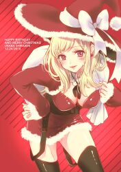 1girl black_thighhighs blonde_hair bow breasts character_name cleavage commentary_request cowboy_shot dated earrings hand_on_own_hip happy_birthday hat highres jewelry leaning_forward long_hair long_sleeves looking_at_viewer merry_christmas purple_eyes red_background red_hat santa_costume shiraishi_urara sidelocks smile solo thighhighs white_bow witch_hat yamada-kun_to_7-nin_no_majo yoshikawa_miki