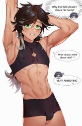 Rule 34 | absurdres, arm behind head, armpits, arms up, bana gameg, black male underwear, black shirt, brown hair, bulge, crop top, english text, genshin impact, green eyes, hair ornament, highres, long hair, male underwear, multicolored hair, muscular, muscular male, navel, scaramouche (genshin impact), sethos (genshin impact), shirt, smile, stomach, streaked hair, teeth, underwear, wanderer (genshin impact), white background, white hair