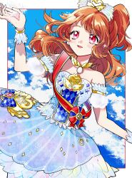 1girl aikatsu! aikatsu!_(series) arm_up asako_(itiba) bare_shoulders blue_bow blue_dress blue_sky blush border bow cloud detached_sleeves dress dress_bow earrings floating_hair hair_ornament hand_up highres jewelry long_hair one_side_up open_mouth orange_hair ozora_akari red_eyes short_sleeves sky smile solo sparkle standing white_border wrist_cuffs