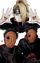 Rule 34 | 2boys, akatsuki uniform, black gloves, black hair, blonde hair, blue eyes, clone, commentary request, deidara (naruto), extra mouth, facing viewer, forehead protector, gloves, hair over one eye, hand mouth, heart, high collar, high ponytail, highres, jewelry, korean commentary, long hair, long sleeves, looking at viewer, male focus, mask, multiple boys, naruto (series), naruto shippuuden, ninja, ponytail, ring, short hair, simple background, spiked hair, sso s, tobi (naruto), uchiha obito, upper body, white background