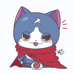 absurdres belt blue_fur blush cape fuyunyan highres looking_at_viewer no_humans open_mouth red_cape scar scar_on_face scar_on_forehead signature simple_background solo suzu_youkai two-tone_fur white_background white_fur youkai_(youkai_watch) youkai_watch