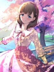 Rule 34 | 1girl, absurdres, bench, blue eyes, blush, brown hair, cherry blossoms, commentary request, dappled sunlight, falling petals, hairband, highres, idolmaster, idolmaster cinderella girls, long skirt, looking at viewer, medium hair, nanananananasea, neck ribbon, outdoors, petals, pink hairband, pink ribbon, pink shirt, pink skirt, puffy sleeves, ribbon, sakuma mayu, shirt, skirt, smile, solo, sunlight, tree, water