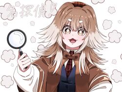 1girl :3 beret black_vest brown_capelet brown_eyes brown_hair capelet character_name cloud_print flower-shaped_pupils hair_intakes hand_on_own_hip hasu_hasuha hat highres hikimayu holding holding_magnifying_glass kimi_no_koto_ga_dai_dai_dai_dai_daisuki_na_100-nin_no_kanojo long_hair long_sleeves looking_at_viewer magnifying_glass multicolored_hair necktie ohananomitsu_high_school_uniform open_mouth plaid_clothes plaid_hat plaid_necktie puffy_long_sleeves puffy_sleeves red_necktie school_uniform shirt smile solo symbol-shaped_pupils two_side_up upper_body utiponn vest white_background white_hair white_shirt